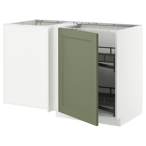Modern kitchen unit with green door, white body, statement design, ideal storage, pull-out carousel.