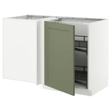 Modern kitchen unit with green door, white body, statement design, ideal storage, pull-out carousel.
