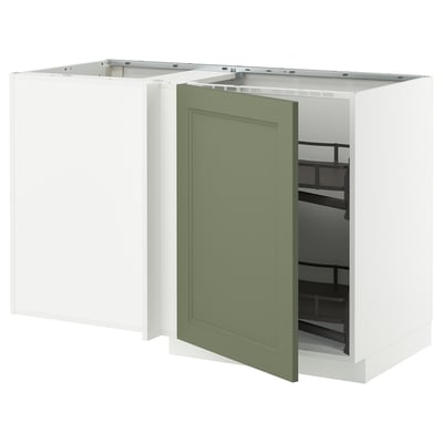 Modern kitchen unit with green door, white body, statement design, ideal storage, pull-out carousel.