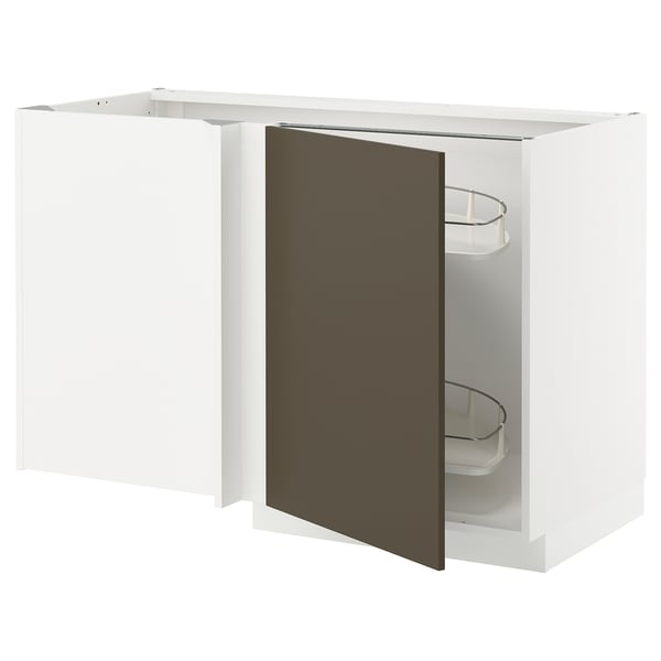 White METOD kitchen cabinet with dark brown door, pull-out carousel for storage.
