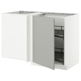 White METOD kitchen unit with light grey havstorp fronts and pull-out shelves. Square, modern design.