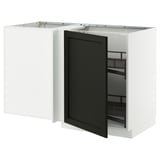 Modern white kitchen units with black stained ash doors and beveled edges, one door open revealing shelves.