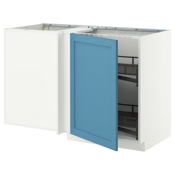 METOD Corner base cab w pull-out fitting, white/Lerhyttan blue, 128x68 cm