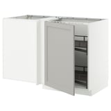 White ikea METOD kitchen cabinet with open door, showing pull-out shelves.