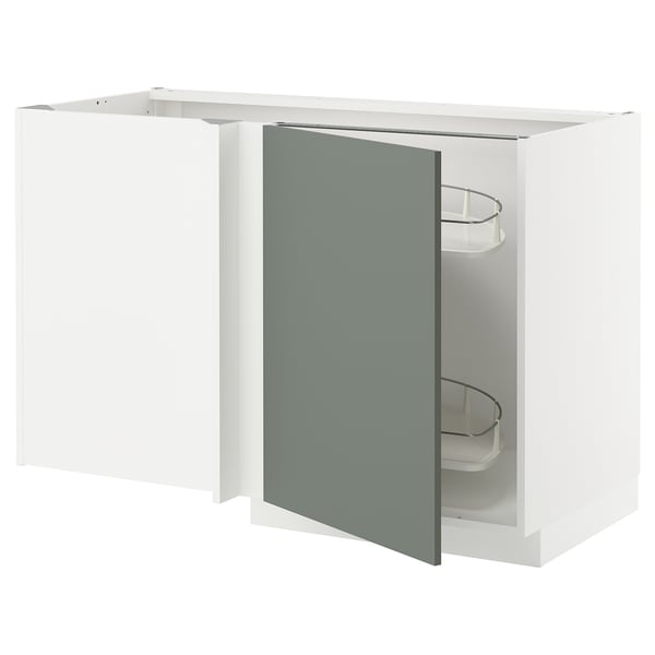 Modern white kitchen cabinet with grey-green door, pull-out shelves for storage.