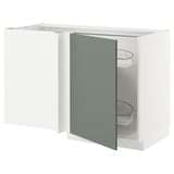 Modern white kitchen cabinet with grey-green door, pull-out shelves for storage.