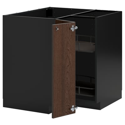 Modern kitchen cabinet set: black METOD with dark wood doors, sturdy, adjustable shelves.