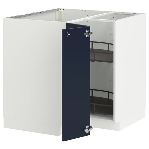 White METOD kitchen corner cabinet with blue door, adjustable shelves.
