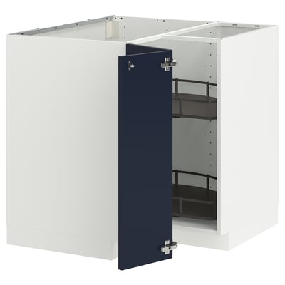 White METOD kitchen corner cabinet with blue door, adjustable shelves.