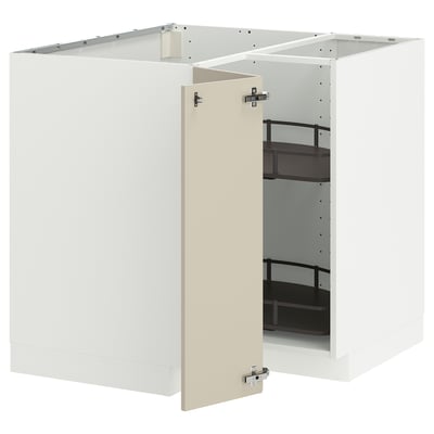 An off-white METOD kitchen cabinet with a door in beige and a wire shelf inside.