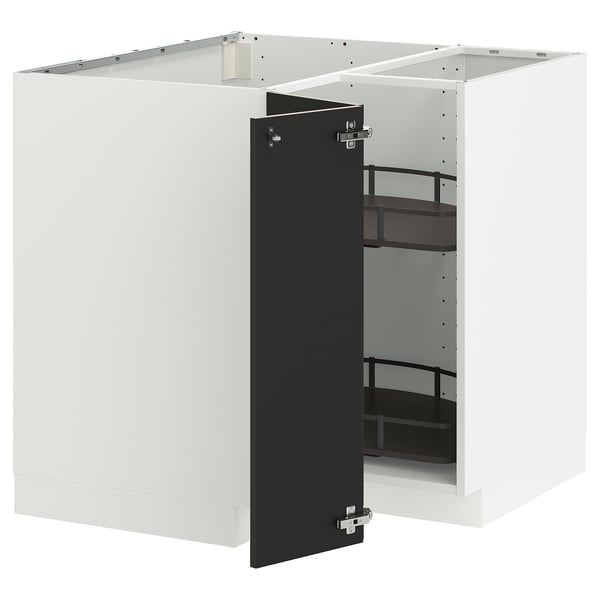 White u-shaped kitchen cabinet with black doors and shelves.