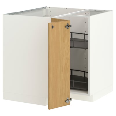 METOD Corner base cabinet with carousel, white/Sinarp oak veneer, 88x88 cm