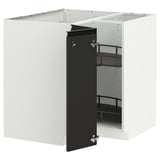Modern off-white kitchen cabinet with black door, featuring pull-out shelves, metallic hinges.