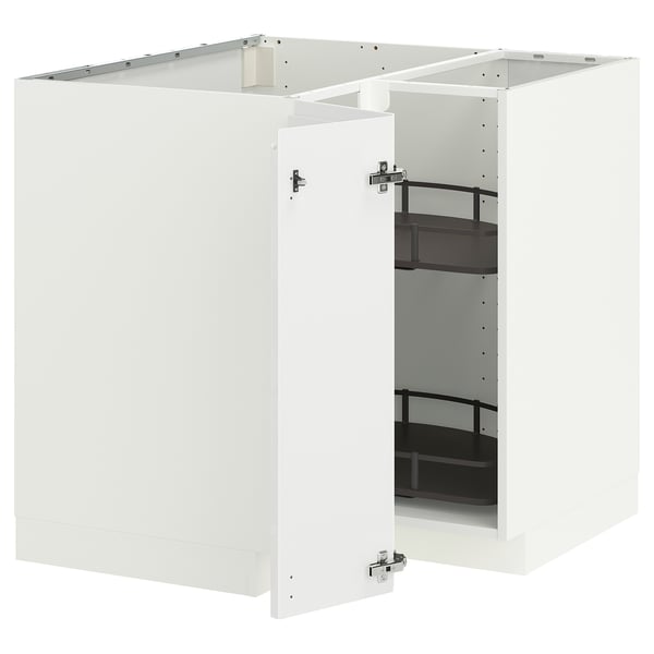 METOD Corner base cabinet with carousel, white/Voxtorp high-gloss/white, 88x88 cm