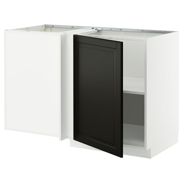 Modern white ikea METOD kitchen unit with black door, square shape, sleek design.