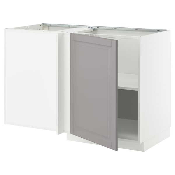 Ikea METOD white & grey kitchen cabinet with open door.
