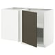 White l-shaped kitchen cabinet with dark brown door.