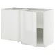 White METOD kitchen unit with glossy, smooth surfaces and open storage.