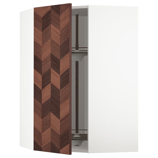 METOD kitchen unit with herringbone wooden door, white sides, open corner carousel.