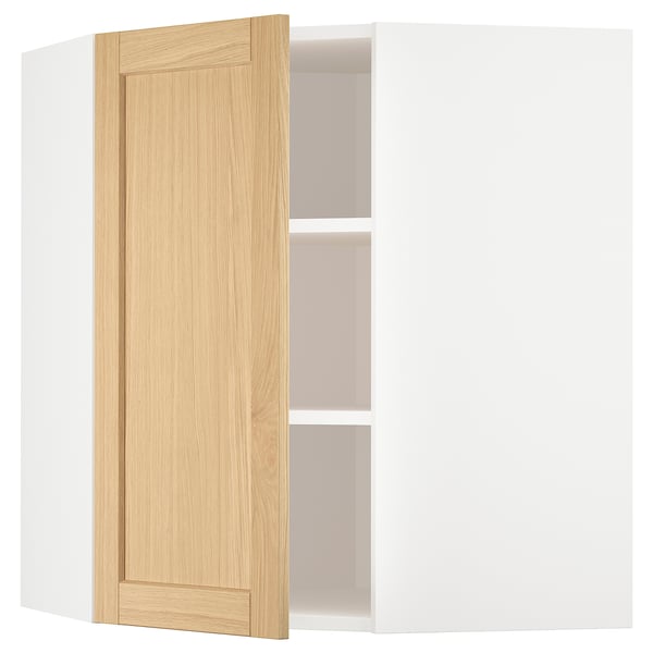 METOD kitchen cabinet in white with oak door open; adjustable shelf, beveled edges.