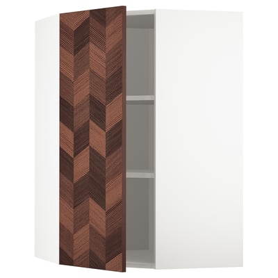 Open white corner cabinet with brown patterned door.
