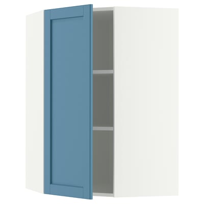 METOD Corner wall cabinet with shelves, white/Lerhyttan blue, 68x100 cm