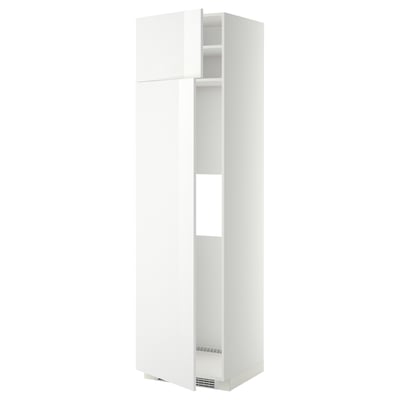A white METOD kitchen cabinet with a modern glossy finish, featuring adjustable shelves and a sleek design.