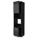 Black tall kitchen unit with two open dark grey doors, featuring shelves and a modern, sleek design.