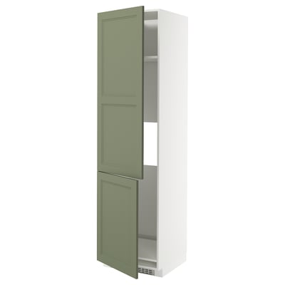 METOD kitchen unit in green & white, tall cabinet with two doors & shelves, modern design.