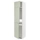 Tall kitchen cabinet, green, white, and gray, with open door, adjustable shelf.