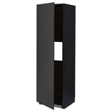 A black METOD kitchen cabinet with one door open, revealing adjustable shelves. The cabinet a modern, minimalist design with a dark finish.