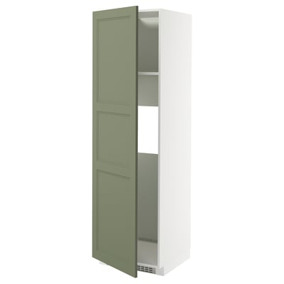 Its an open, tall white cabinet with a green door, two shelves visible, part of METOD kitchen system.