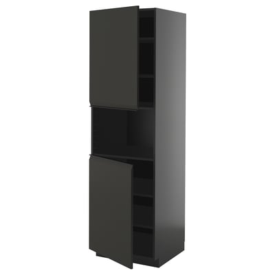 METOD tall kitchen cabinet in matte black with adjustable shelves.