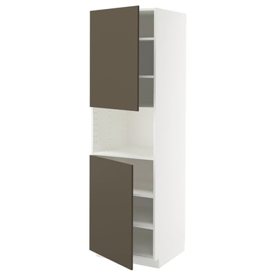 A white METOD kitchen cabinet with dark brown doors open, revealing adjustable shelves inside.