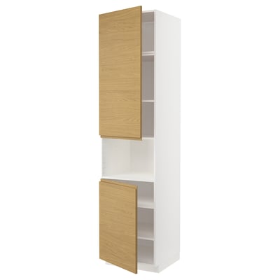 A tall, white METOD kitchen cabinet with two wood-grain doors, one open, revealing shelves.