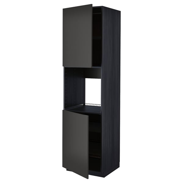 A modern, tall, black kitchen cabinet from the METOD system with adjustable shelves and open door, featuring a sleek, minimalist design.