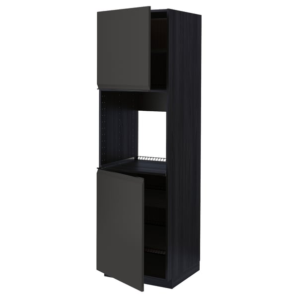Black METOD kitchen cabinet, tall and modern, featuring a matte finish, adjustable shelf, and sleek door design.