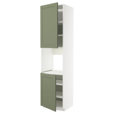 A two-toned green and white METOD kitchen cabinet with adjustable shelves, featuring a modern design.