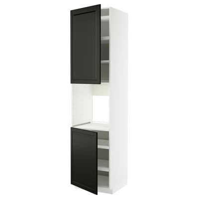 METOD kitchen cabinet in white with black doors, beveled edges, adjustable shelves.