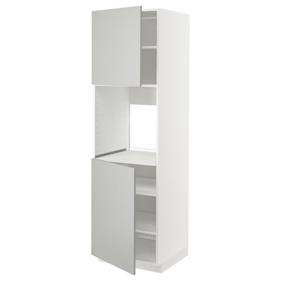White METOD cabinet, modern, light grey, three-door design, two open, particleboard & acrylic paint.