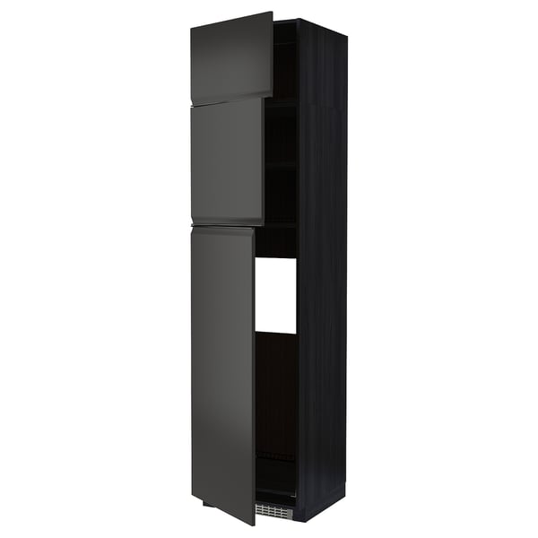 Black, modern METOD cabinet. Tall with three adjustable shelves, sleek design.