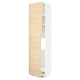 A tall, white METOD kitchen cabinet with light ash wood-patterned doors.