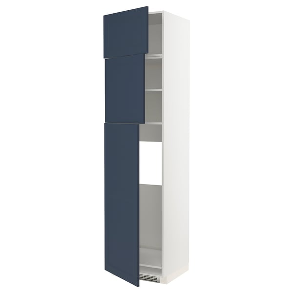 Tall kitchen cabinet, white with blue doors, adjustable shelves.
