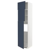 Tall kitchen cabinet, white with blue doors, adjustable shelves.