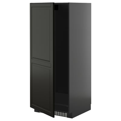 Black tall kitchen cabinet with smooth, dark finish, sleek design, one door, and metal vent at bottom.