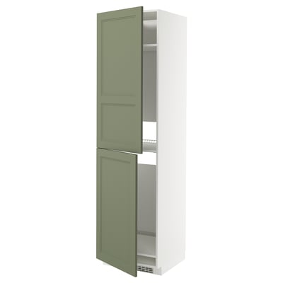 A tall, green and white kitchen cabinet. It has two doors and adjustable shelves, designed by METOD in a modern style.