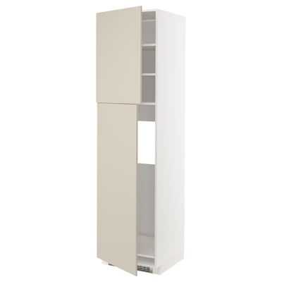 A beige METOD tall kitchen cabinet with shelves.