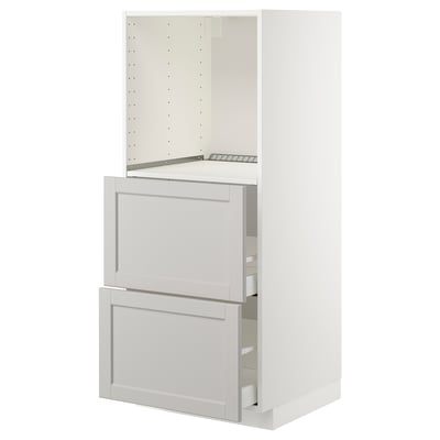 White ikea METOD kitchen unit with grey lerhyttan drawers, beveled edges.