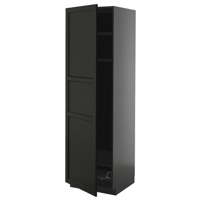 METOD black kitchen cabinet. Tall, slim, with two doors and adjustable shelf. Made of wood and fiberboard, dark finish.