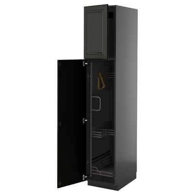Tall black kitchen cabinet with one open door, metallic hinges, and inner shelves.